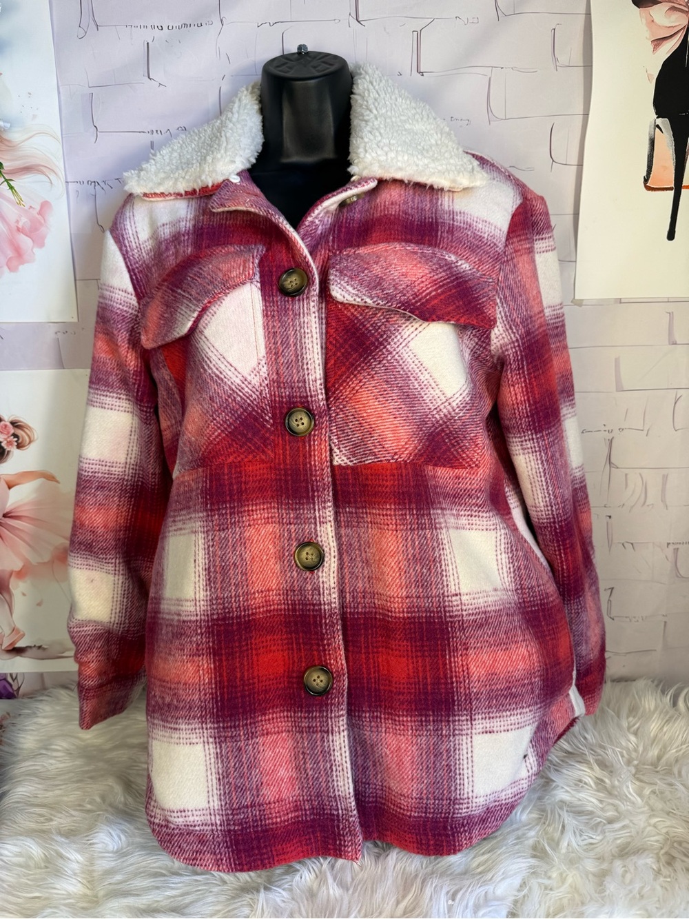Me Jane Pink Red Plaid Teddy Collar Shacket